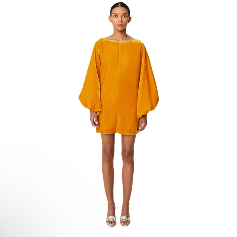 RHODE Mustard Yellow Velvet Mini Dress with Balloon Sleeves